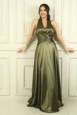 Kadın V Yaka Sırt Dekolteli Üstü Piliseli Örme Saten Uzun Elbise