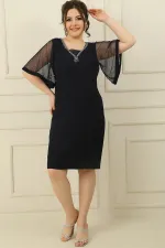 Plus Size Dress with Stone Embellishment on Collar and Sleeves and Lining