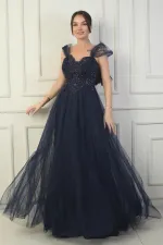 Kadın Ön Arka V Yaka Astarlı Düşük Kollu Üstü Aplike İşleme Prenses Abiye Elbise