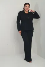 Kadın Beşgen Yaka Kolsuz Dantel Bluz Tek Düğmeli Ceket Palazzo Pantolon Astarlı Pul Detaylı Büyük Beden 3'lü Takım