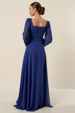 Kare Yaka Beli Kemerli Astarlı Şifon Uzun Abiye