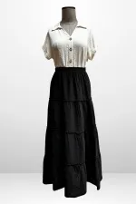 Kadın Beli Lastikli Katlı Müslin Uzun Etek