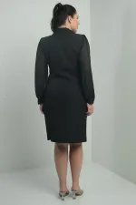 Kadın Kruvaze Yaka Önü Düğmeli Şifon Kollu Boncuklu Büyük Beden Kısa Elbise