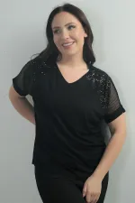 Women's V-Neck, Mesh Shoulder, Sequined, Plus Size Lycra Blouse