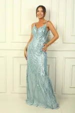 Women's Strappy Beaded and Sequined Shawl Patterned Lined Wide-Size Long Fishtail Dress