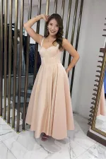 Kadın Askılı Sırtı İpli Korsajlı Saten Kloş Midi Elbise