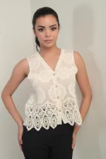 Women's V-Neck Button-Front Embroidered Skirt with Lace Trim Vest