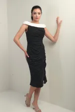 Robe midi bustier en mousseline de soie pour femme, ornée d'un décolleté et doublée de lycra froncé.