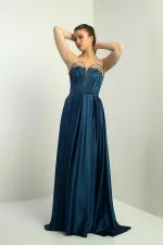 Women's Strapless, Lined, Front Underwire, Flared Long Satin Evening Dress with Pocket