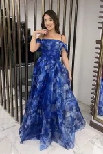 Robe longue en organza floral à fines bretelles et manches basses pour femme, drapée sur le devant, doublée