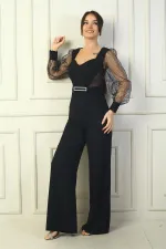 Combinaison palazzo pour femme avec décolleté en cœur, ceinture à la taille, manches en tulle et paillettes carrées