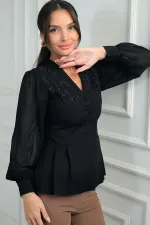 Kadın Omzu Taş İşleme Detaylı Kolları Ve Eteği Şifon Tasarım Bluz