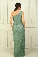 Kadın Tek Kalın Askılı Astarlı Pulpayet Drapeli Uzun Abiye Elbise