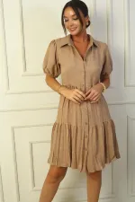 Linen-Effect Dress with Buttoned Front and Gathered Sleeves