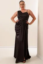 Tek Taraf İp Askılı Önü Büzgülü Astarlı Büyük Beden Uzun Saten Elbise