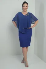 Women's Front and Back V-Neck Chiffon Plus Size Crepe Short Dress with Stone Details and Rose Embellishments