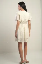 Kruvaze Yaka Beli Kemerli Astarlı Kol Volanlı Yırtmaçlı Dantel Elbise