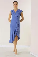 Kruvaze Yaka Önü Volanlı Astarlı Krep Elbise