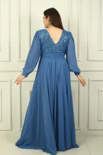 Kadın Ön Arka V Yaka Üstü Pulpayet Astarlı Büyük Beden Uzun Şifon Abiye Elbise