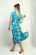 Women's Front and Back V-Neck Batwing Sleeve Palm Tree Print Pocket Ruffled Dress