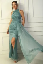 Boyunlu Eteği Mendilli Astarlı Simli Uzun Abiye Elbise