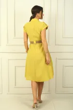 Women's Collared Off-Shoulder Double Pocket Belted Linen Effect Dress