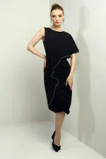 Robe midi asymétrique en crêpe à volants pour femme, ornée de pierres et doublée