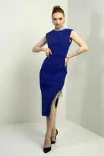 Women's Embellished Mandarin Collar Belted Waist Midi Dress with Side Chain Detail and Slit.