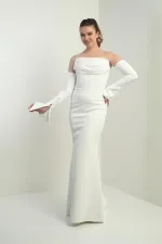 Kadın Straplez Takma Kollu Telalı Astarlı Krep Uzun Abiye Elbise