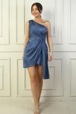 Women's One Shoulder Draped Lined Satin Short Dress