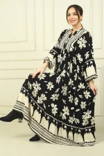 Women's Half-Front Floral Patterned Ruffled Oversize Long Dress