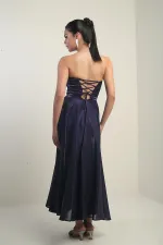 Kadın Degaje Straplez Yaka Astarlı Organze Saten Midi Elbise