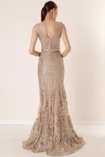 V-Neck Lined Glittery Flock Print Long Dress