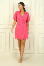 Women's Wrap Polo Collar Lined Chiffon Dress with Buckle Detail and Lace-up Waist