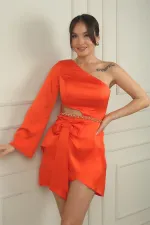 Women's Single Sleeve Low-Cut Chain-Bow Detailed Lined Short Satin Dress