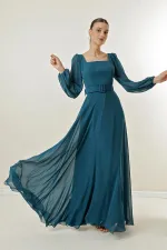 Kare Yaka Beli Kemerli Astarlı Şifon Uzun Abiye