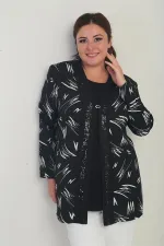 Ensemble 2 pièces pour femme, composé d'un chemisier sans manches en lycra avec détail rayé en PU sur le devant et d'une veste en crêpe à motifs, grandes tailles.