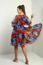Women's Wrap Neckline Lined Chiffon Rainbow Dress with Belt