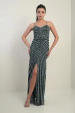 Women's Strappy Flocked Stone Print Lined Tulle Long Dress