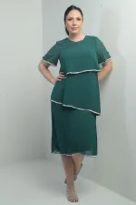 Kadın Taş Detaylı Astarlı Kısa Kollu 3 Kat Şifon Büyük Beden Elbise