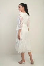 Kruvaze Yaka Astarlı Anvelop Dantel Elbise