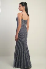 Women's Strappy Flocked Stone Print Lined Tulle Long Dress