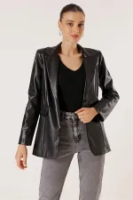 Tek Düğmeli Sahte Cepli Astarlı Deri Ceket