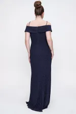 Taşlı İp Askılı Önü Yırtmaçlı Astarlı Büyük Beden Uzun Elbise