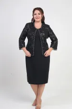 Women's Sequin Embellished Beaded Tulle Jacket, Half-Moon Sleeve Short Dress, Lined Crepe, Plus Size 2-Piece Set