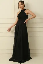 Boyundan Bağlamalı Astarlı Uzun Tül Elbise