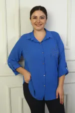 Kadın Kol Katlamalı Taş Detaylı Krep Saten Büyük Beden Gömlek