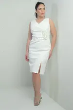 Kadın Ön Arka V Yaka Kendinden Telalı 3 Boyut Çiçek Detaylı Büyük Beden Midi Elbise