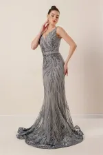 Thick Strap Ghost Tulle Lined Glittery Long Dress