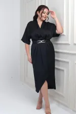 Women's Wrap Neck Short Batwing Sleeve Double Pleated Crepe Satin Plus Size Midi Designer Dress